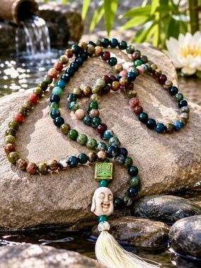 108 Bead Buddhist Mala Prayer Necklace – Natural Gemstone Meditation Beads, Budd
